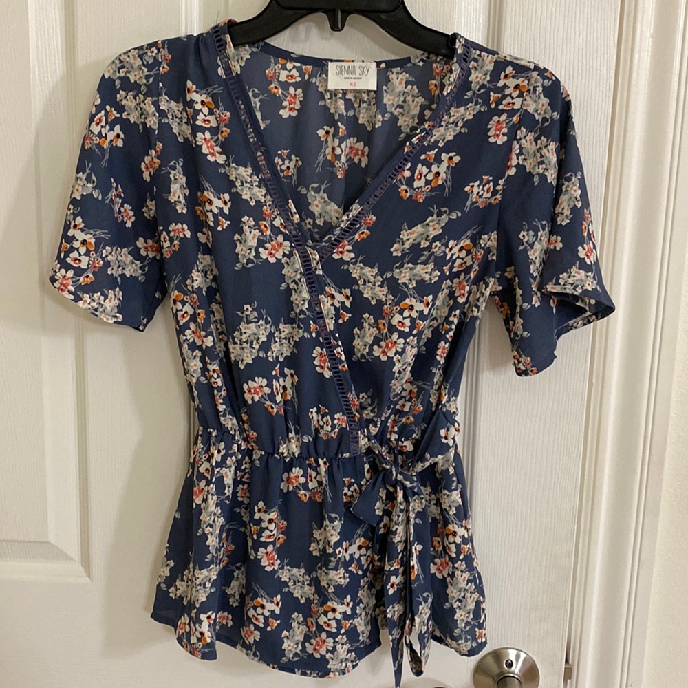 Floral blue tee shirt blouse